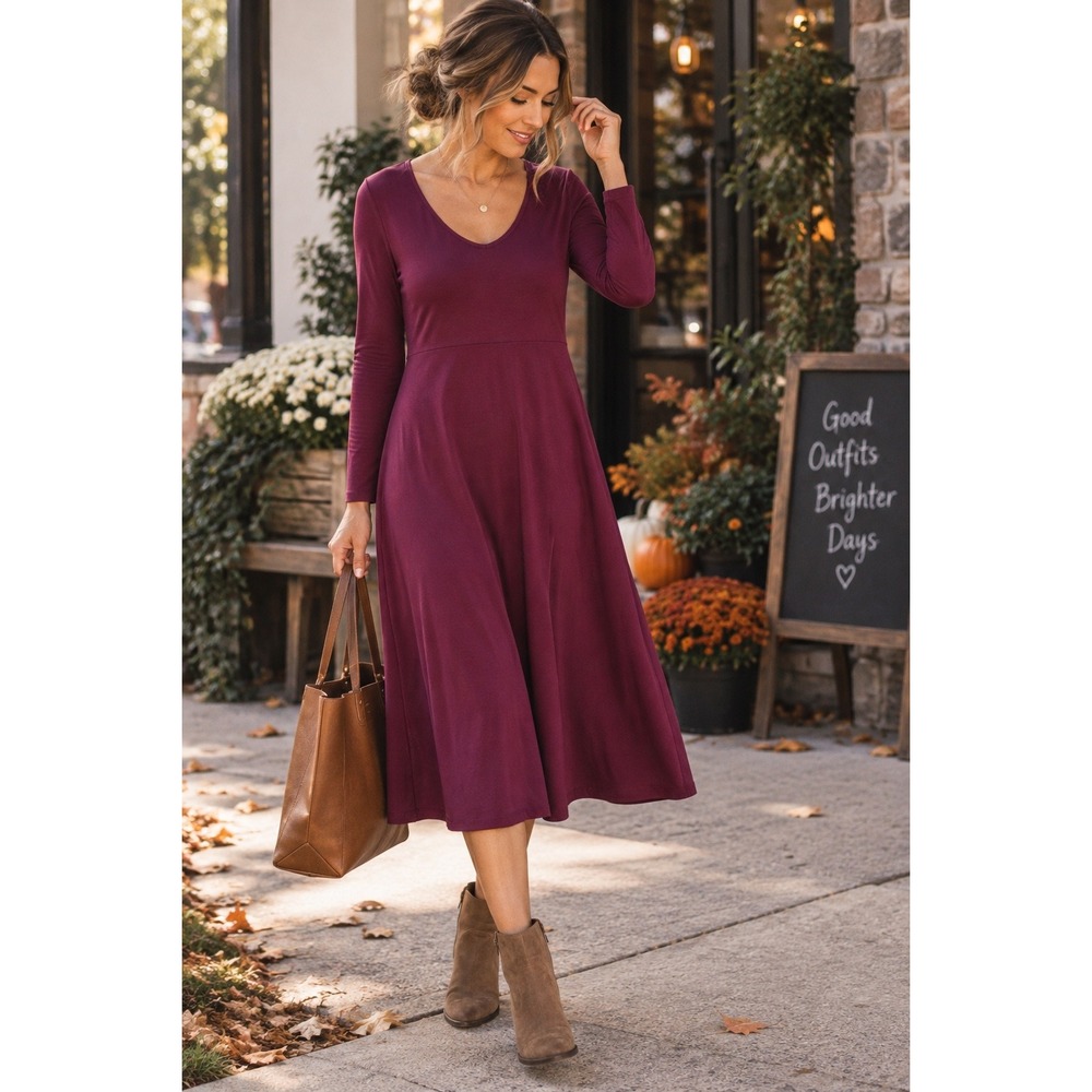 Old Navy Womens Large Plum Purple V-Neck Long Sleeve Jersey Maxi Dress